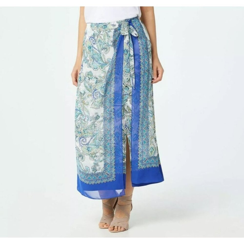 Susan Graver Womens Maxi Wrap Skirt Size S  Blue Paisley Boho Overlay Chiffon